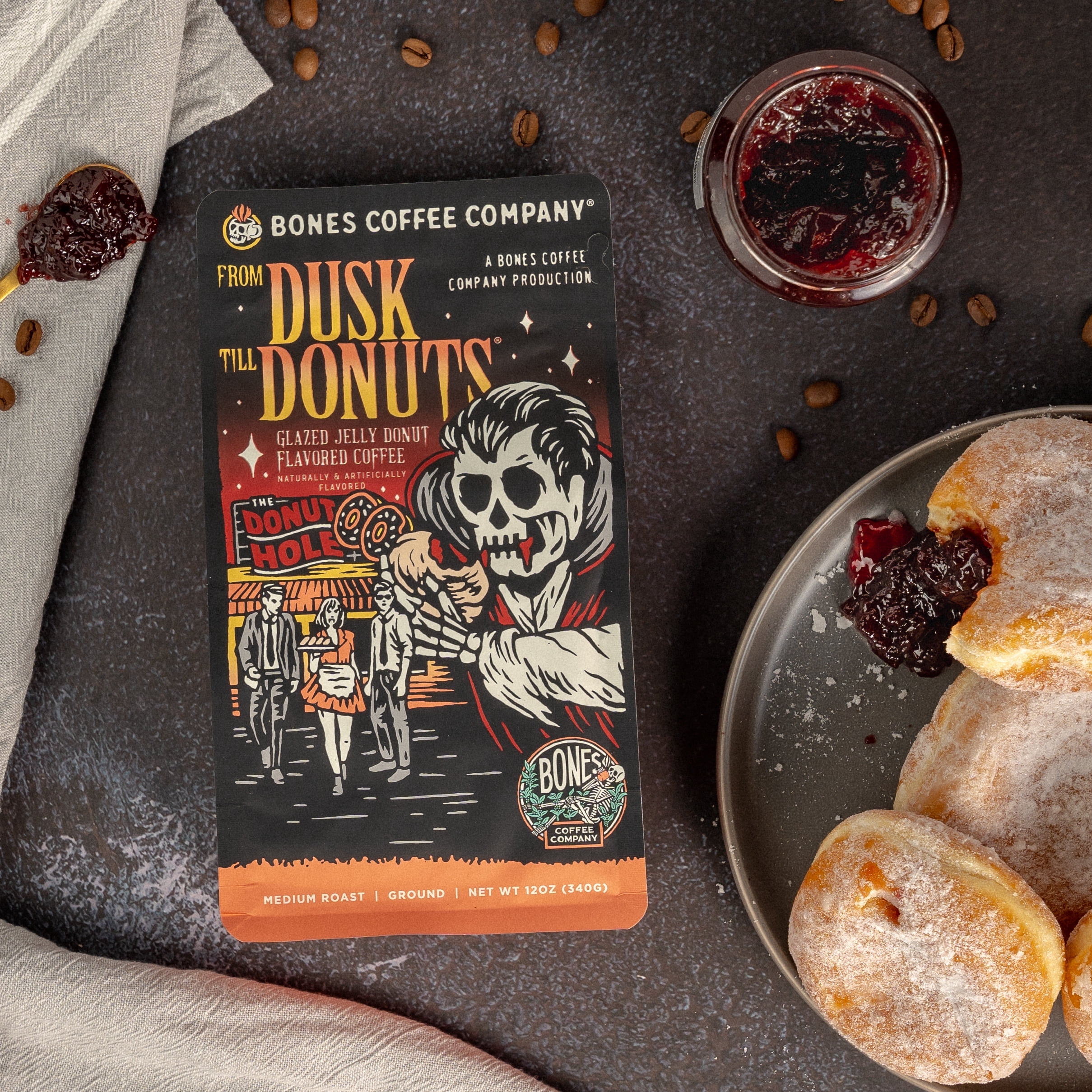Bones Coffee Company From Dusk Till Donuts Ground Coffee Beans, Jelly Donuts Flavor, Low Acid Flavored Coffee, Made with Arabica Coffee Beans, Medium Roast Gourmet Coffee (12 oz)