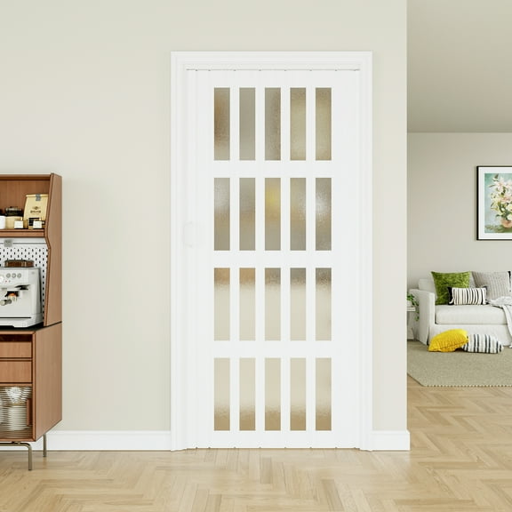 36 x 80 Dual Layer 4-Lite Acrylic Glass Accordion Door for Doorway, for Opening Width 24"-36", Strong Magnet Folding Door, Trimmable Height&Width,Room Divider for Pantry Laundry RV, White