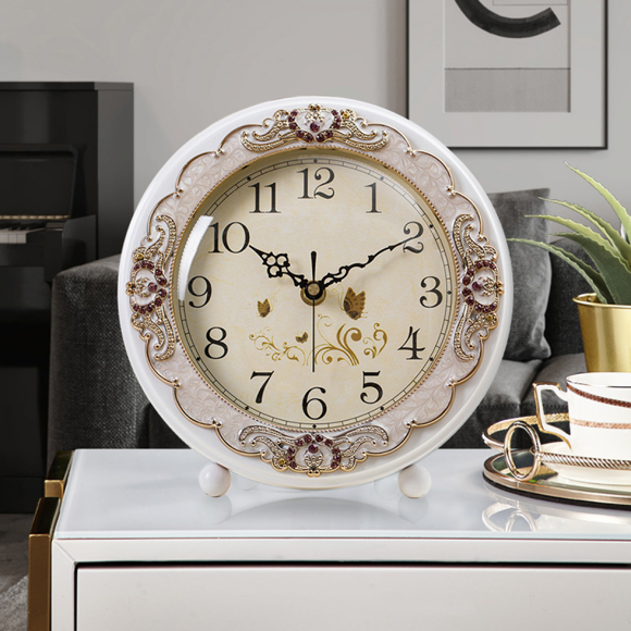 Vintage Table Clock, Retro Non-Ticking European Style Beside Mantle Desk Clock Battery Operated Silent Quartz Movement for Bedroom (White)