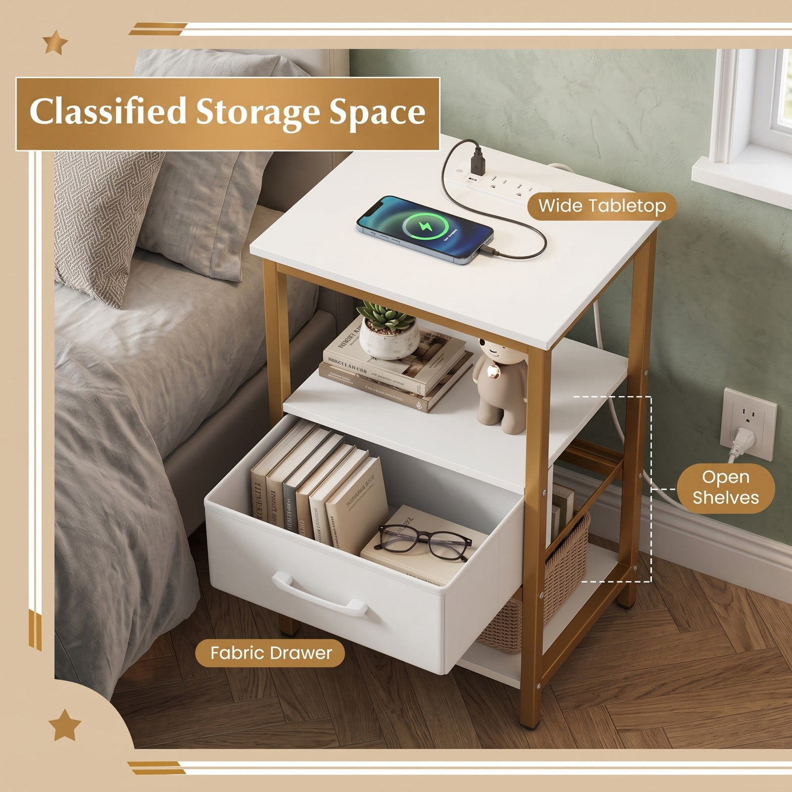 Furnibear Nightstand with Charging Station and Foldable Fabric Drawer and Open Shelves for Bedroom and Living Room, Bedside Table, White and Gold