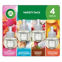 Air Wick Plug-In Scented Oil Air Freshener Warmer Refills Multipack, Lush Honeysuckle, Calming Sea Spray, Paradise Retreats, and Sweet Peach, 4 Count