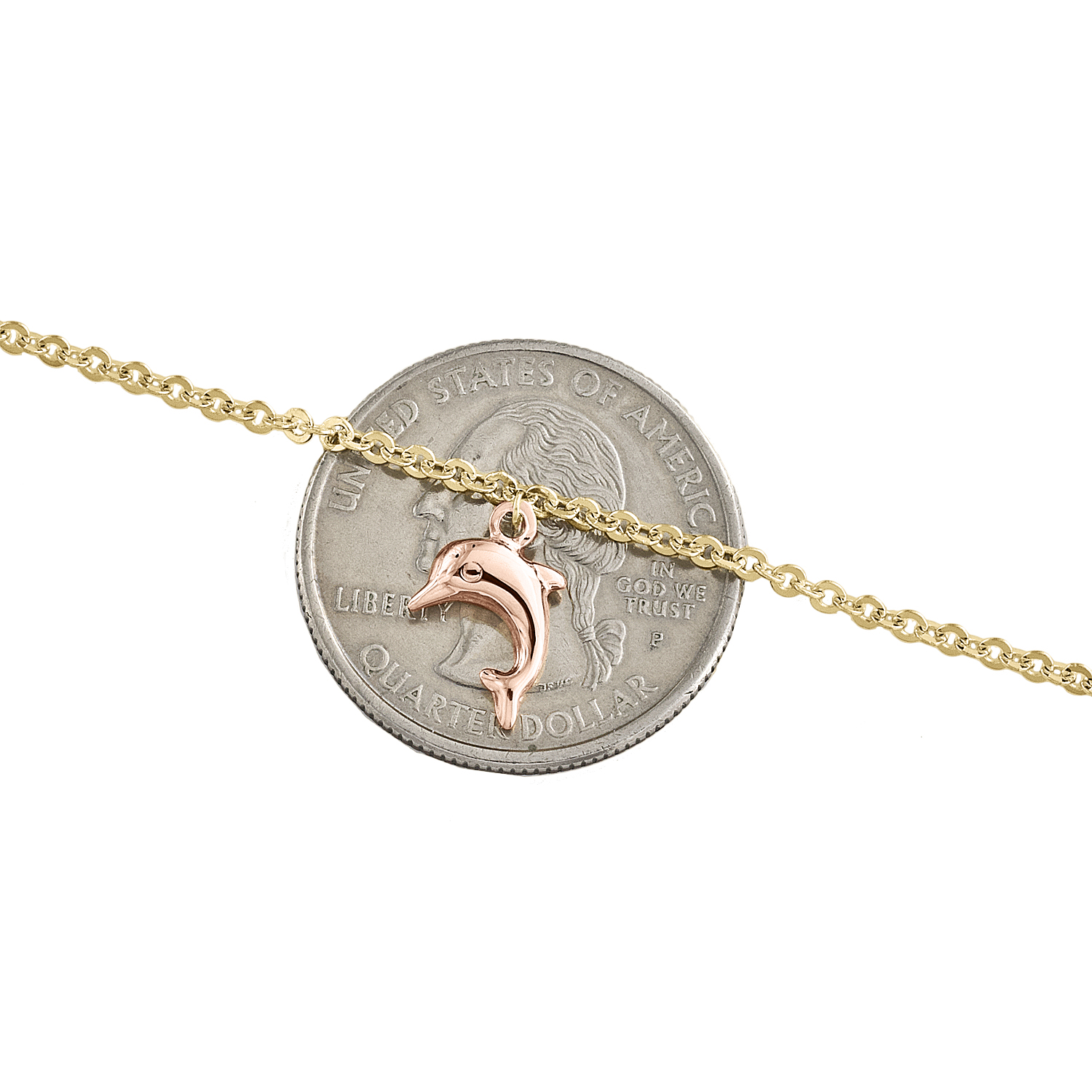 14K Tri-Color Gold Fancy Rolo Link Chain 13mm Dolphins Charm Anklet 9" + 1" Ext.