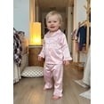 thumbnail image 5 of Cjfdfy Toddler Baby Girl Satin Pajamas Set Solid Color Ruffled Trim Button Down Long Sleeve Tops And Pants Little Baby Cute Soft Satin Loungewear 1-6Y, 5 of 9