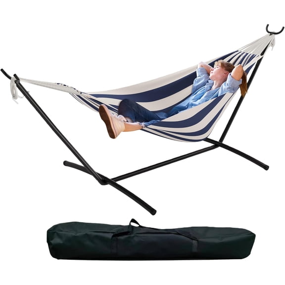 Double Hammock with Foldable Steel Stand and Carrying Bag, Portable Freestanding Hammock for Indoor & Outdoor Use, 450 lbs Capacity, Ideal for Garden, Patio, Camping, Beach, Blue