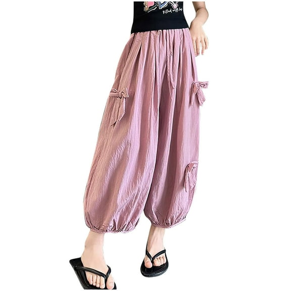 yillto Kids Girls Pant Cotton Linen Wide Leg Baggy Summer Causal Pants Elastic Waist with Pockets