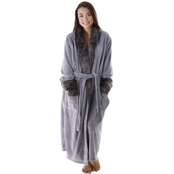 Simplicity Luxury Faux Fur Trim Velvet Fleece Pocketed Bathrobe Robe