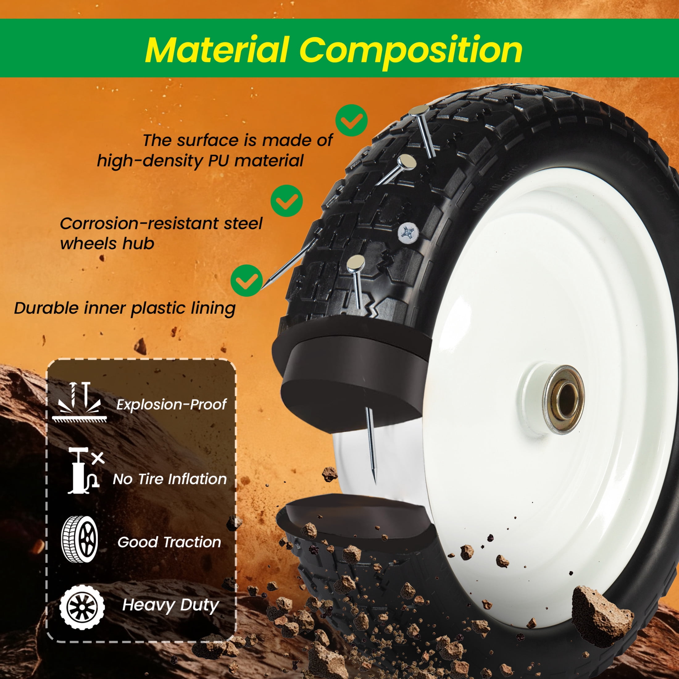Noble House 13" x 3.5" Solid Rubber Flat-Free Tires & Wheels with Flat-Free Design for Trailer, Black & White