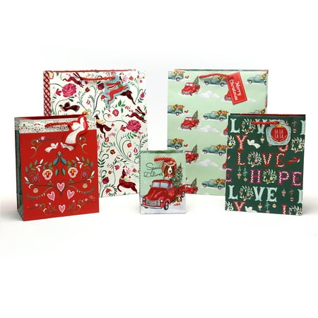 The Pioneer Woman Christmas Foil or Glitter Paper Gift Bag Assorted Set, Truck, 5 Count