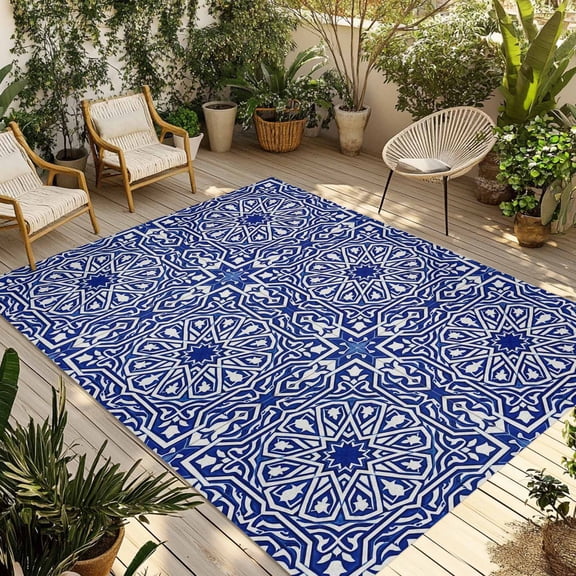 Navy Blue Outdoor Rug for Patio/Deck/Porch, Non-Slip Large Area Rug 6 x 9 Ft, Traditional Tribal Abstract Geometric Art Indoor Outdoor Rugs Washable Area Rugs, Reversible Camping Rug Carpet Runner
