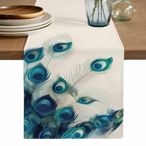 Peacock Feather Table Runner, Teal Ethnic Rustic Farmhouse Elegant Washable Cotton Linen Table Runners 36 Inches Long, Dresser Scarf Runner for Nightstand/End Tables/Round Tables 13''x36''