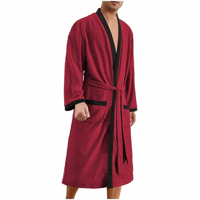 ShomPort Embroidered Robes for Mens Long Sleeve Open Front Tendy Color Block Bathrobes Belt Calf Length Comfort Sleepwear with Pockets