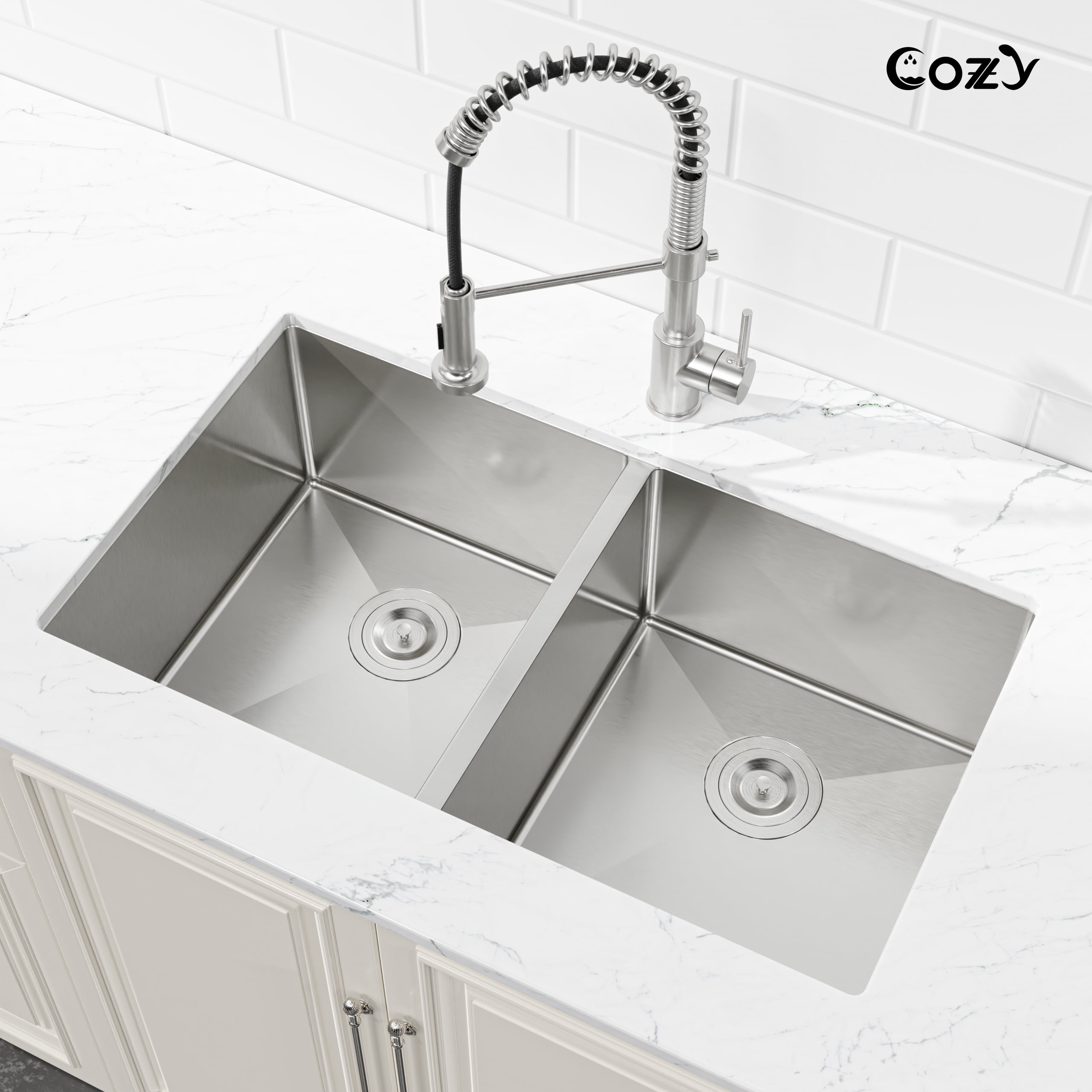 COZY Black Stainless Steel Kitchen Sink, Drop In Double Bowl, Undermount Handmade Sink in Matte Black, with US Standard Drain and Hook.