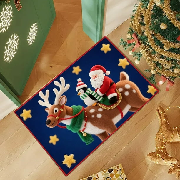 Seyotauo Winter Merry Christmas Santa Deer Snowflake Kitchen Rugs and Mats Kitchen Floor Mats Seasonal Decor Anti Slip Xmas Tree Cushion Case Bathroom Rug for Indoor Holiday Decoration