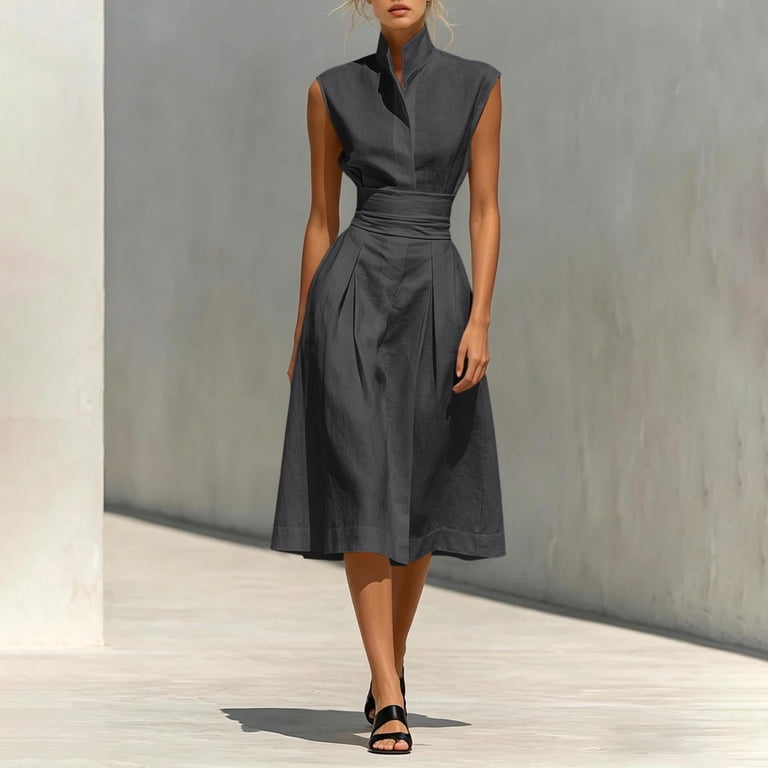 office midi dress for women Kukoosong Women's Sleeveless Midi Dress, Stand Collar Cap Sleeve A-Line Dress, High Waist Pleated Casual Work Office Dress with Pockets, Size: Large,