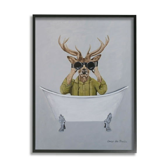 Stupell Industries Camping Deer Binoculars Vintage Bathtub Illustration Paintings Black Framed Art Print Wall Art, 11x14, by Coco de Paris