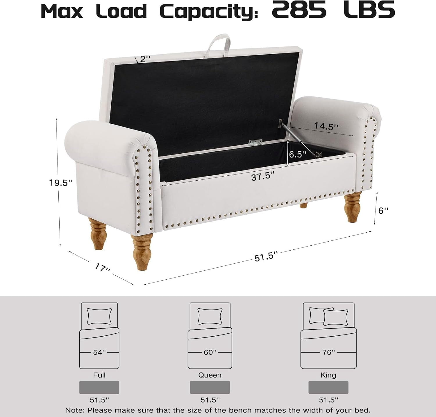 51.5" Linen Storage Ottoman Bench, Upholstered End of Bed Bench for Bedroom Living Room Entryway Window Seat（Beige）