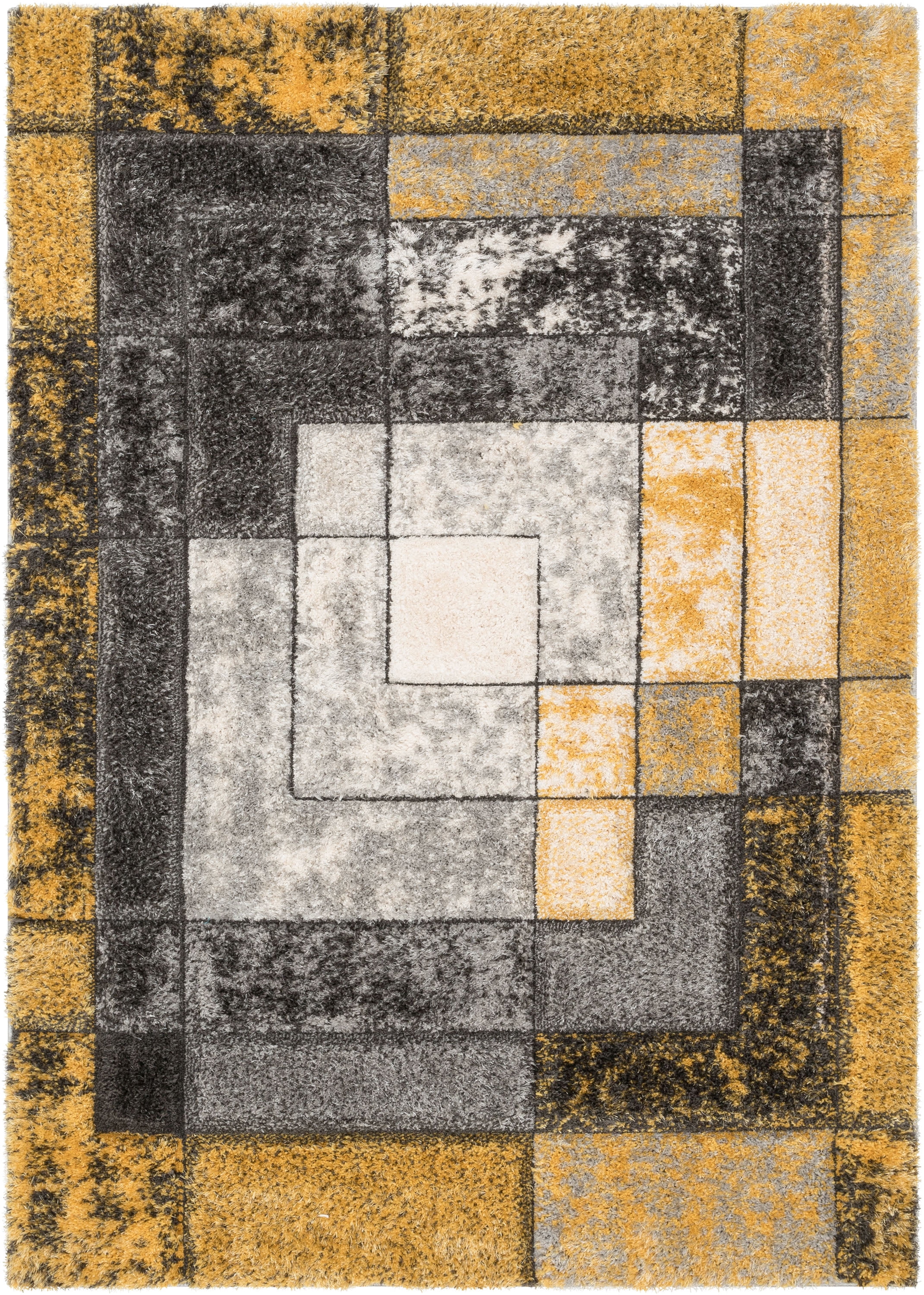 Well Woven Lolly Kenzo Retro Geometric Pattern Yellow Grey 5'3" x 7'3" 3D Texture Shag Area Rug