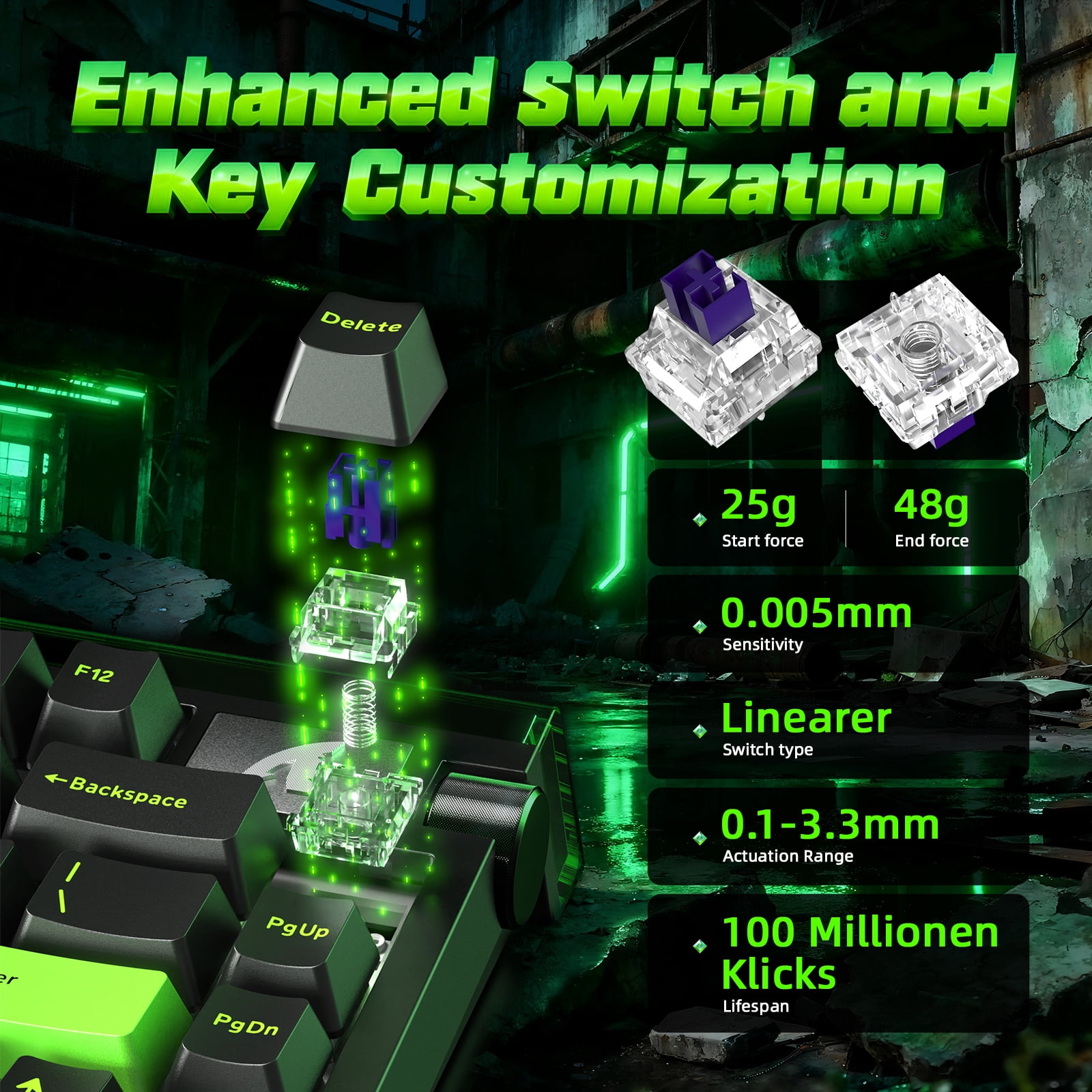 ATTACK SHARK R85 HE 75% Magnetic Wired Gaming Keyboard, 8KHz Polling Rate, Hall Effect Hot Swappable Switches, RGB Light Bar, Volume Knob, PC/Mac Compatible, Green