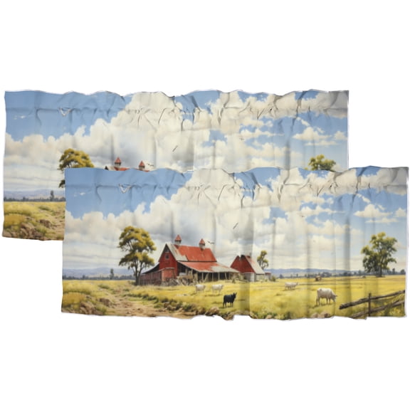 Cow Kitchen Valance Curtains Rustic Farm Animal Western Red Barn Country Scenery Privacy Decorative Rod Pocket Short Window Valance Curtains 54 by 18 in, 2 Panel
