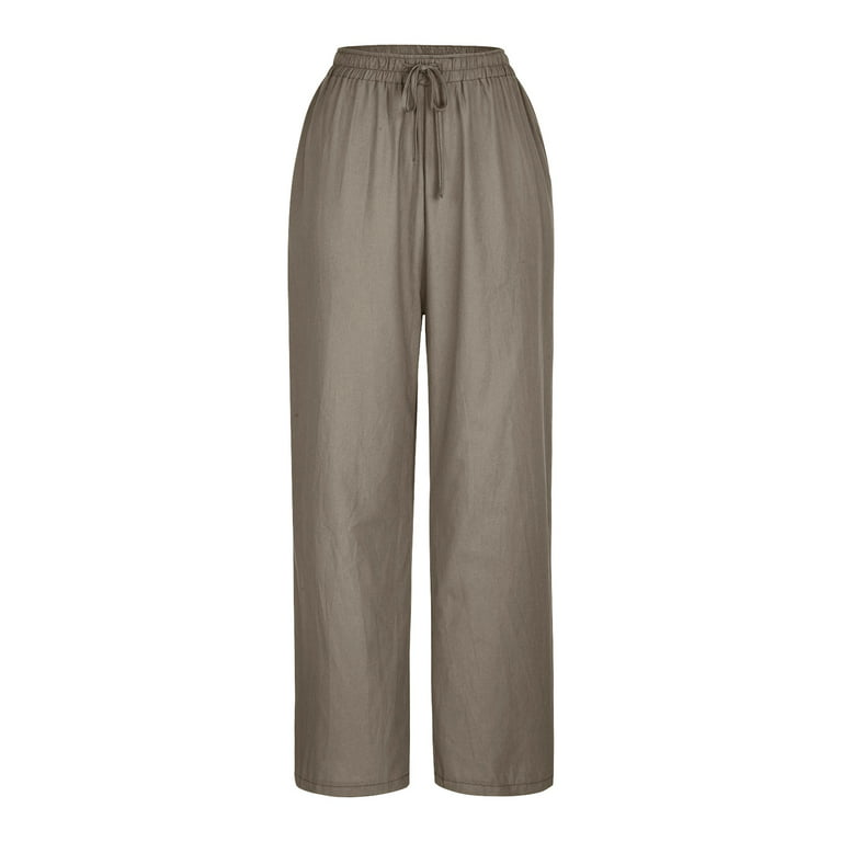 Lightweight Summer Pants Womens Elastic Waist Linen Wide Leg Trousers  Pocketed Drawstring Slacks Cozy Sweatpants (5X-Large, Coffee)