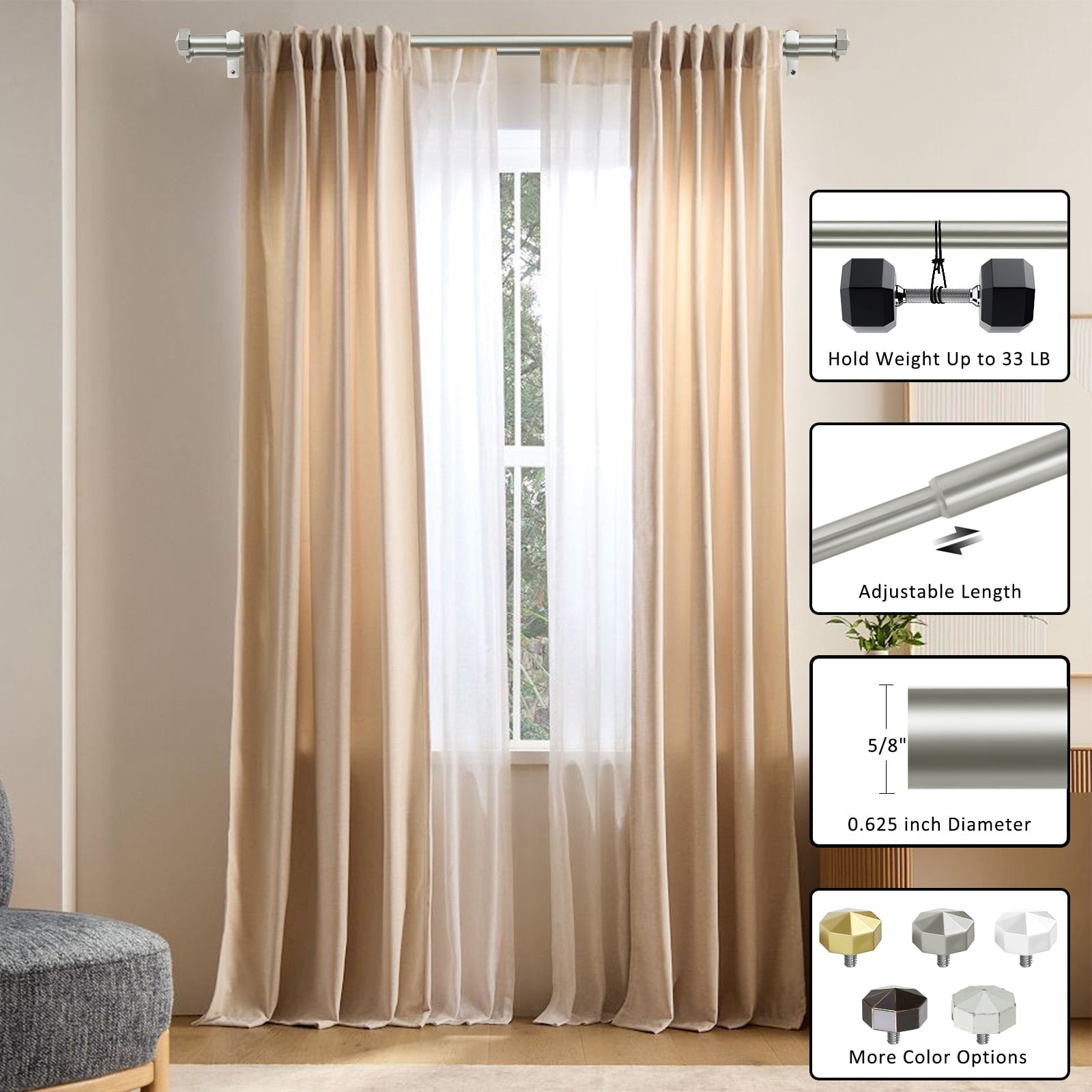 Ridicili 5/8" Telescoping Double Curtain Rods with Octagonal Finials ,Pewter, 28"-48", 5/8 Inches Front and 1/2 Inches Back Double Window Drapery Rod
