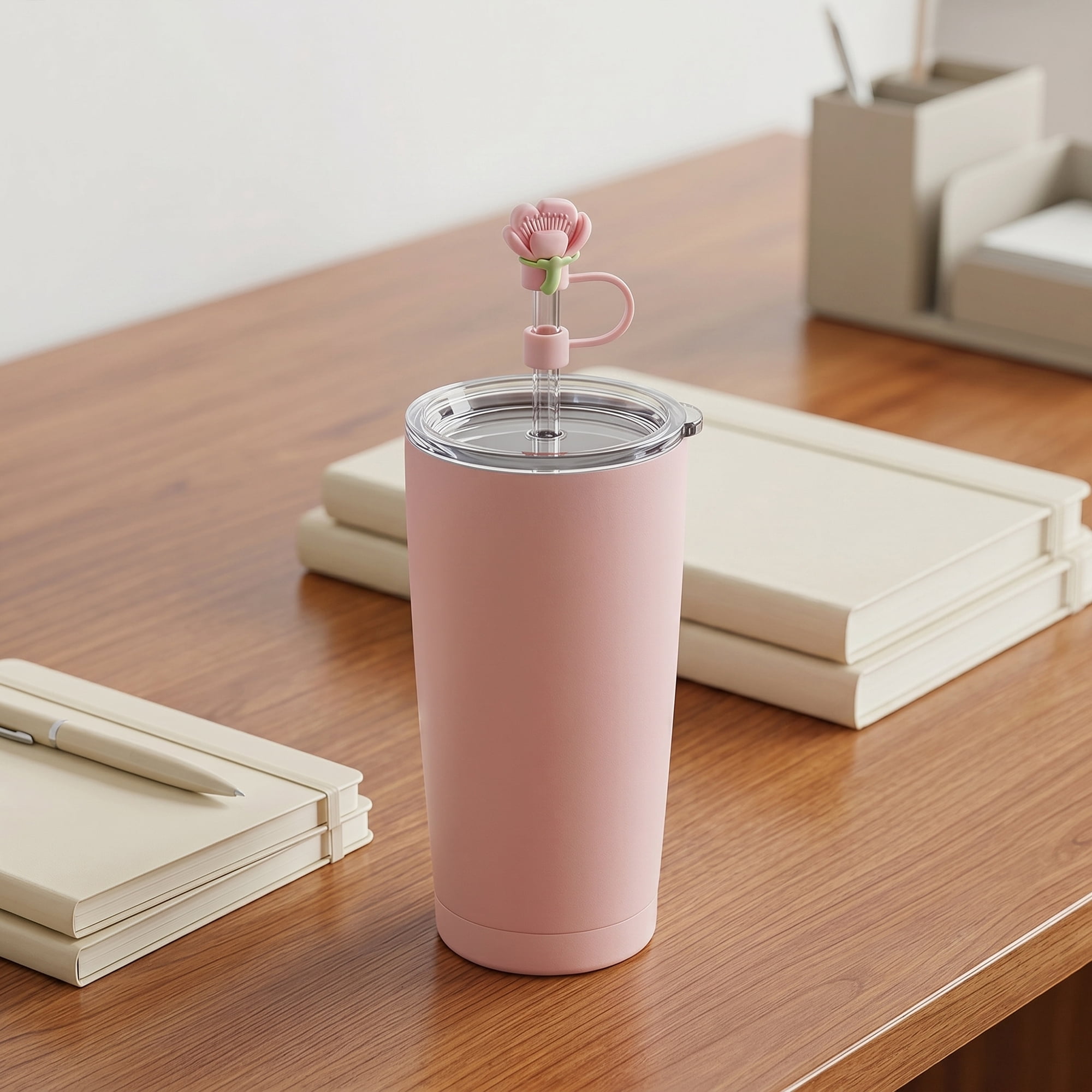 Unique Bargains 2Pcs Floral Silicone Straw Caps Reusable Dust-Proof Toppers Pink B