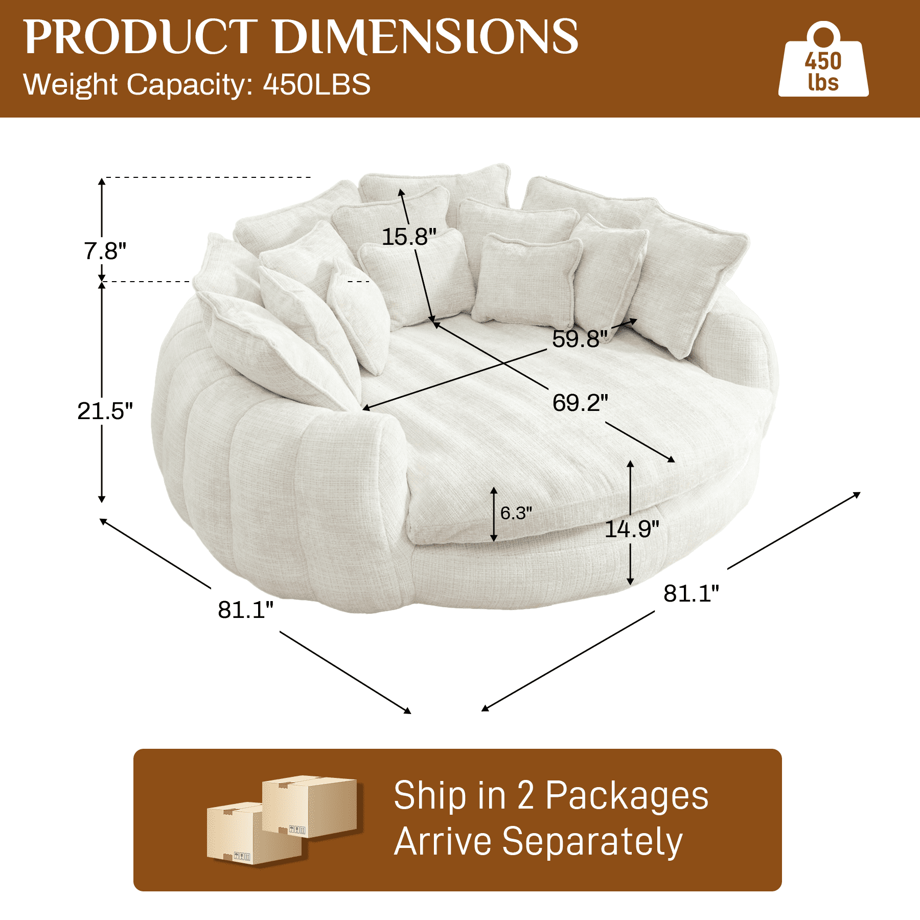 Rophefx 81.1" Oversized Round Chaise Lounge Sofa Bed,Fluffy Plush Cloud Couch with Deep Seat and 14 Pillows,Modern Comfy Couch for Living Room Apartment,Beige
