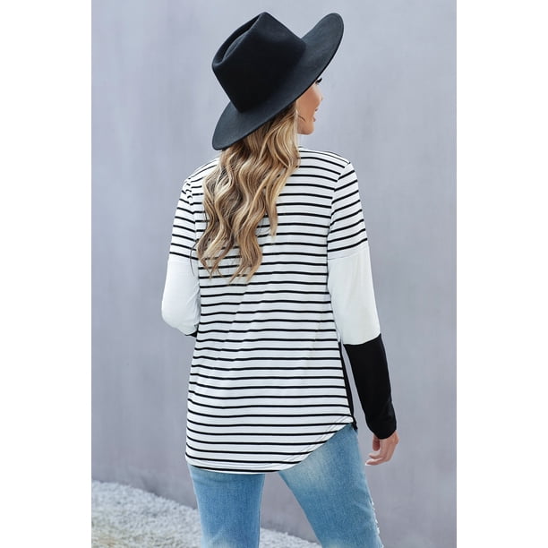 ABPHQTO Top de manga larga a rayas con lentejuelas de corazón negro para mujer