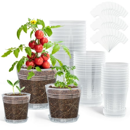FOUKUS 30 Pack Clear Nursery Pots: Durable 5/4/3 Inch Seedling Pots with Drainage Holes and Matching Trays, Transparent Plastic Plant Pot for Seed Starting, Transplanting