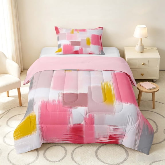 Manfei Abstract Brushstroke Twin Comforter Sets, Pink Yellow Plaid Bedding Set, Pink Yellow, Pink Reversible 2pcs, 1 Comforter and 1 Pillowcase