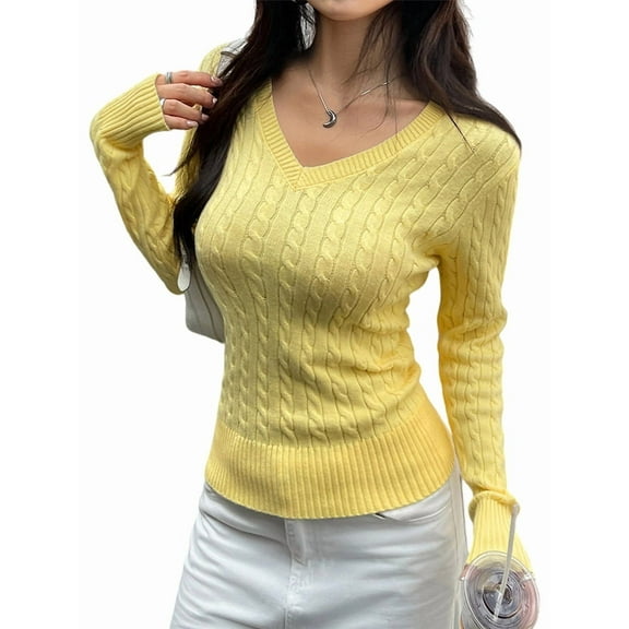 Women Long Sleeve Cable Knit Sweater Fall Fashion V Neck Fitted Pullover Business Casual Fall Outfits Light Yellow S