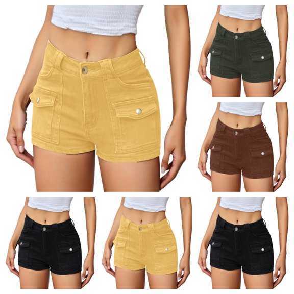 SAWOBUUN Women High Waist Cargo Shorts Stretch Denim Multi Pockets Y2K Casual Summer Shorts