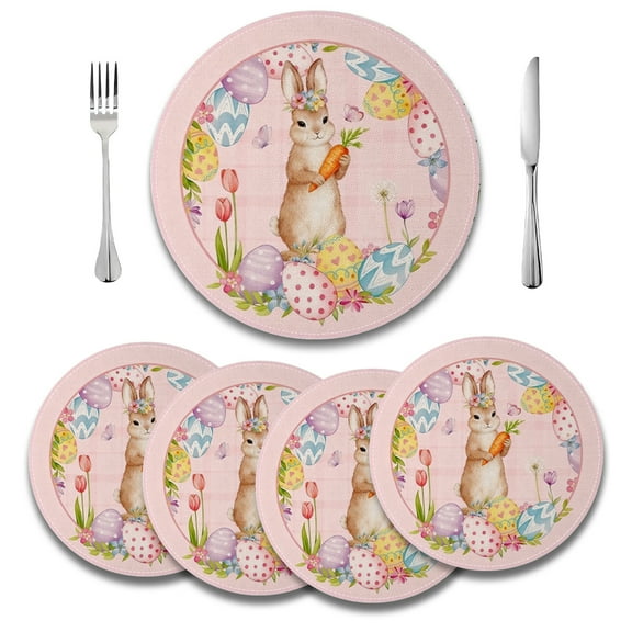 MIZHONA Happy Easter Round Placemats Set of 4,Spring Easter Funny Rabbit and Eggs Pink Table Decoration 14 inch