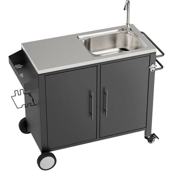 S-HOME Multi-Purpose Outdoor Grill Cart With Stainless Steel Sink and Lockable Wheels, L38" x W18" x H35" for Mobile Barbecue Accessory