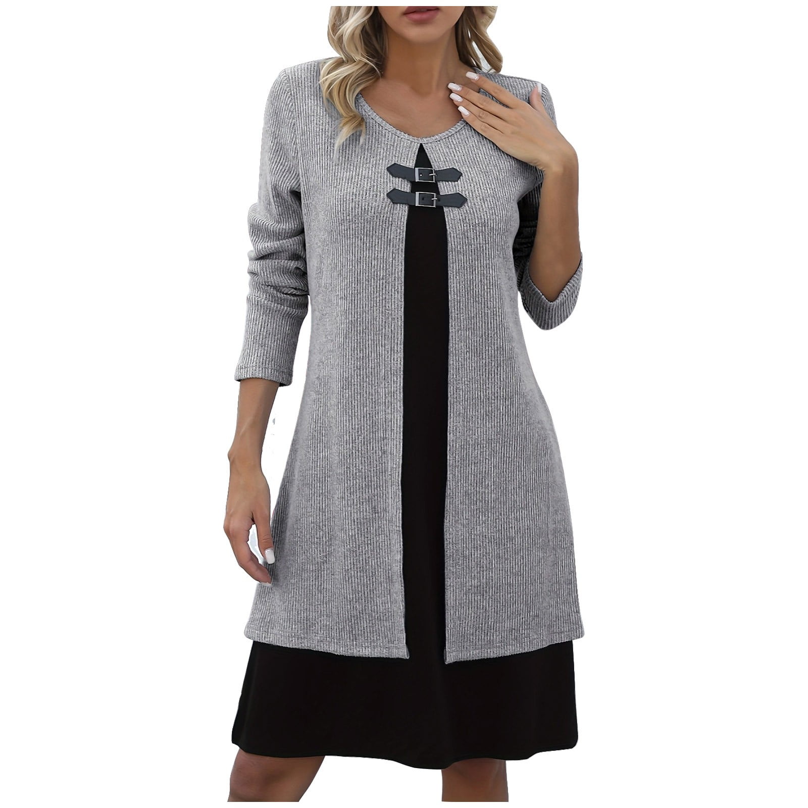 BSDJILFG Sweater Dress Long Sleeve Fall Winter Fake Two Piece Sets Button Mini Shirt Dress