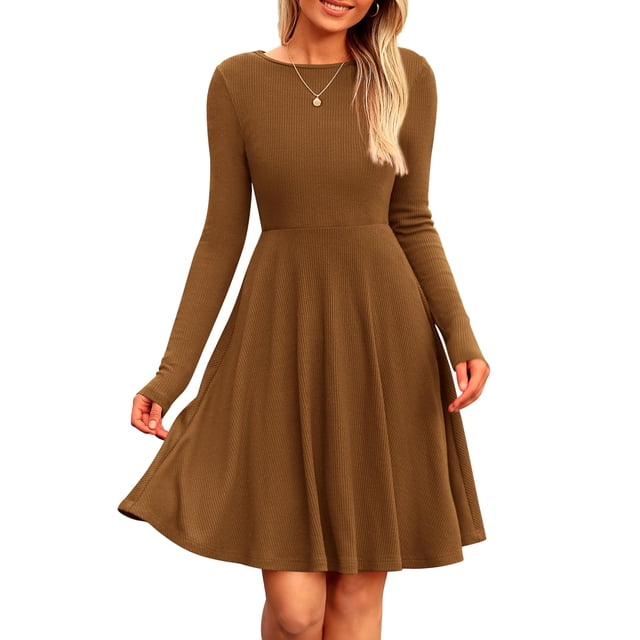 Vestido PRETTYGARDEN de Punto Acanalado en Línea A Manga Larga Marrón Talla L