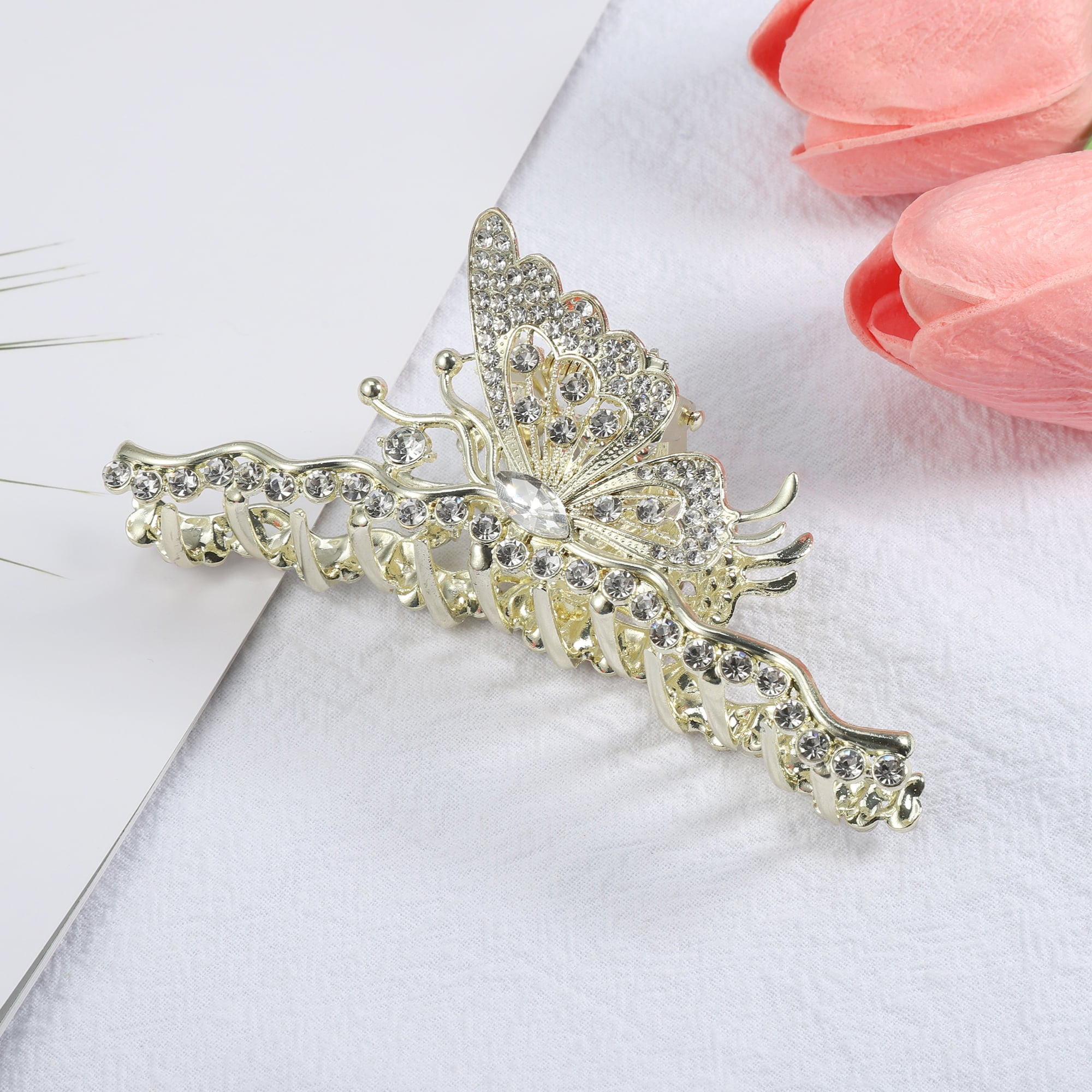 Unique Bargains Classic Rhinestone Butterfly Hair Clip Gold Tone
