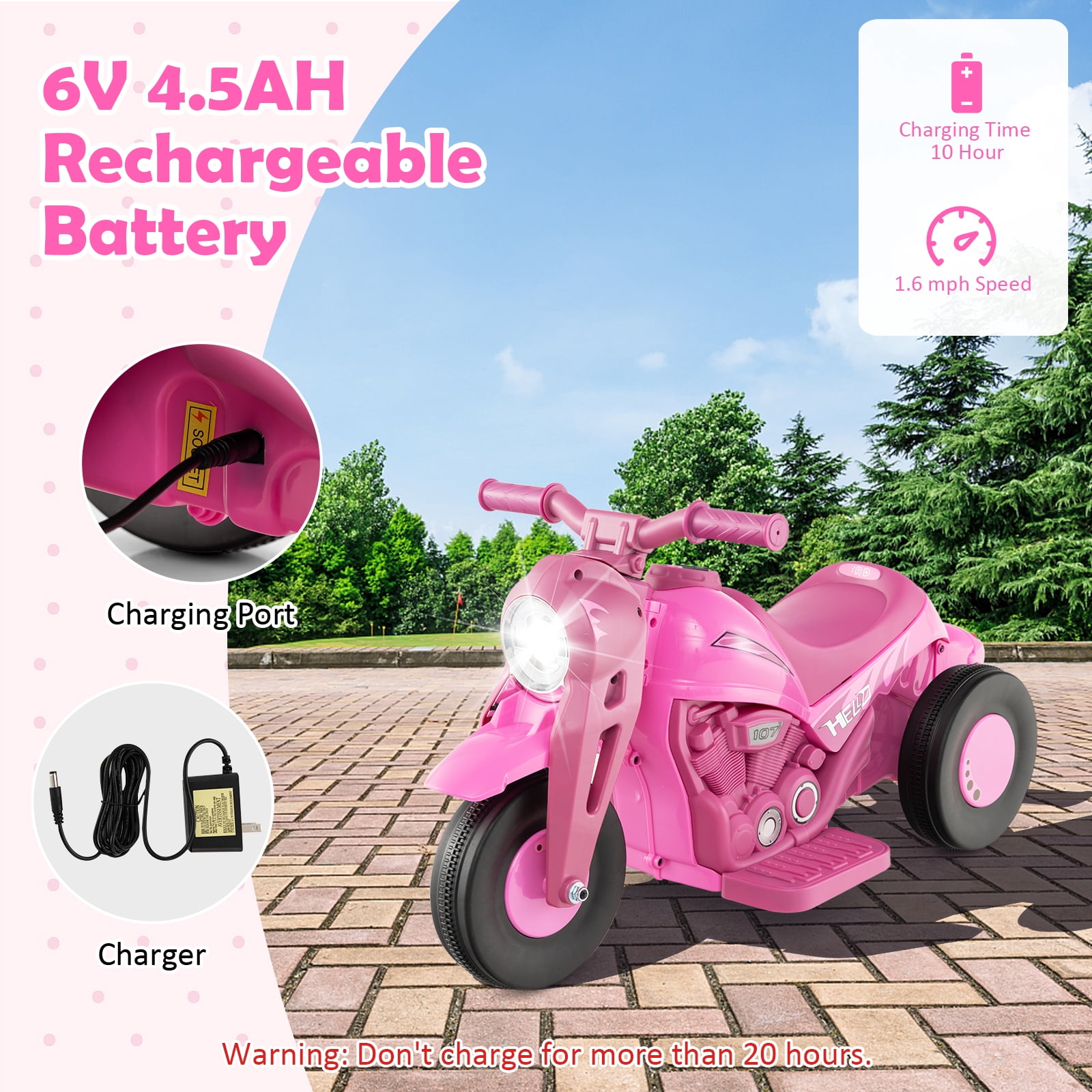 Costway 6V Kids Bubble Car Electric Ride on Motorcycle with Music Button & LED Headlight Pink