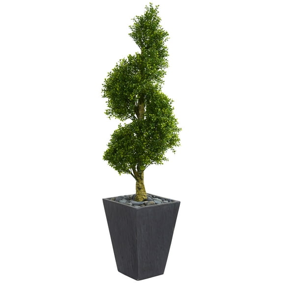 Nearly Natural 5 ft. Boxwood Spiral Topiary Artificial Tree in Slate Planter UV Resistant (Indoor/Outdoor)