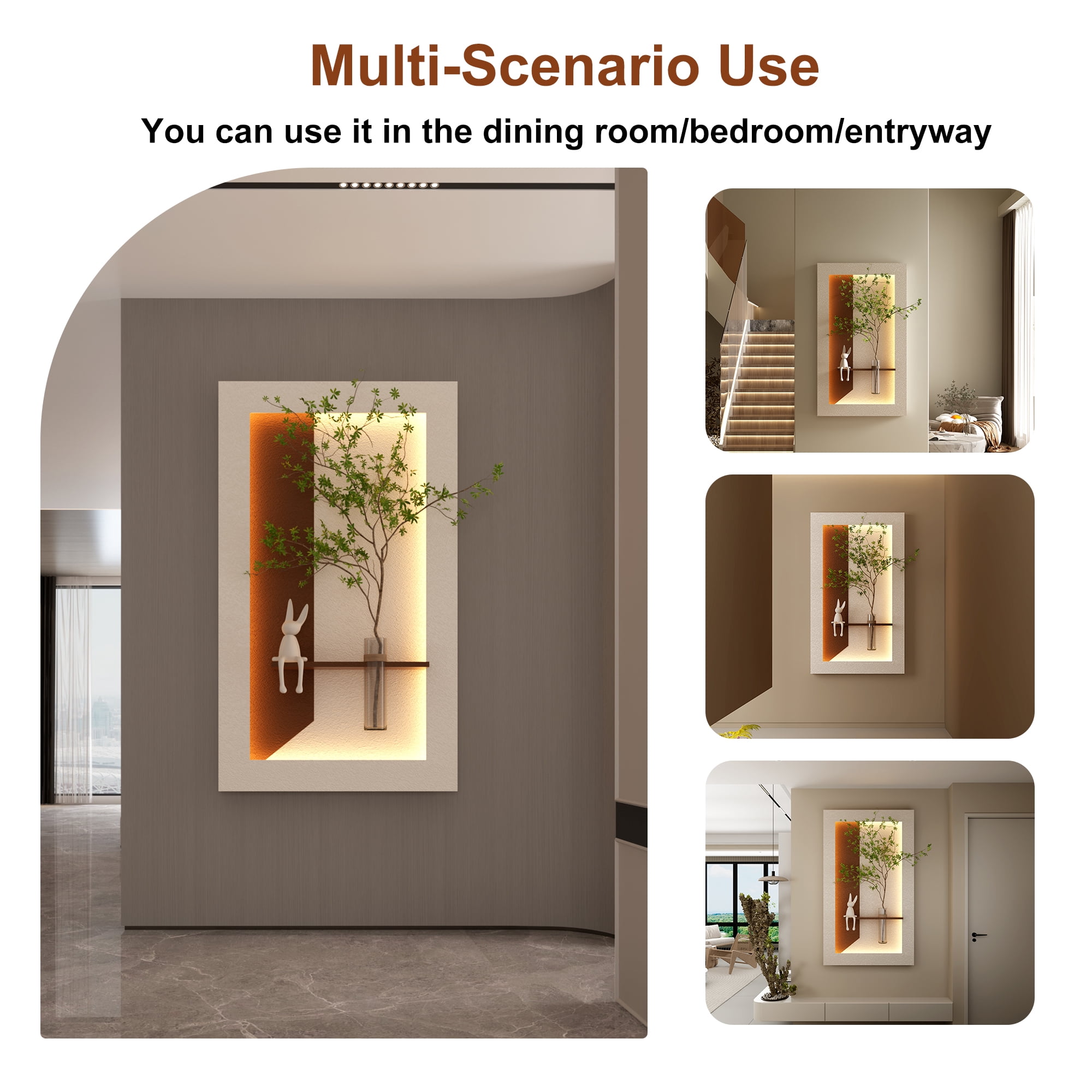 Aukfa 3D Sandstone Wall Art with Artificial Green Plants, LED Wall Decor with Glass Vase & Rabbit Statue, Remote Control for Living Room/Bedroom
