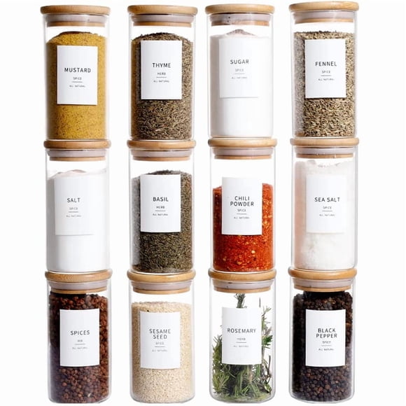 12 tarros de especias de vidrio con tapas herméticas de bambú, recipientes de especias de 8 oz de espesor (2,4 mm) con 148 etiquetas minimalistas preimpresas impermeables para especias, frascos de alm
