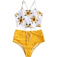 thumbnail image 1 of Traje de baño tankini de cintura alta fruncido con cordones y estampado de hojas para mujer, 1 of 5