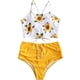 thumbnail image 1 of Traje de baño tankini de cintura alta fruncido con cordones y estampado de hojas para mujer, 1 of 5