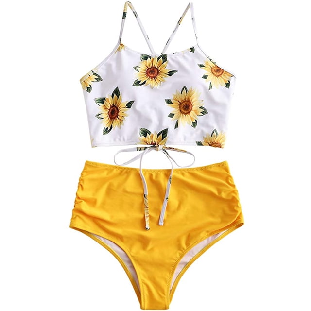 Traje de baño tankini de cintura alta fruncido con cordones y estampado de hojas para mujer