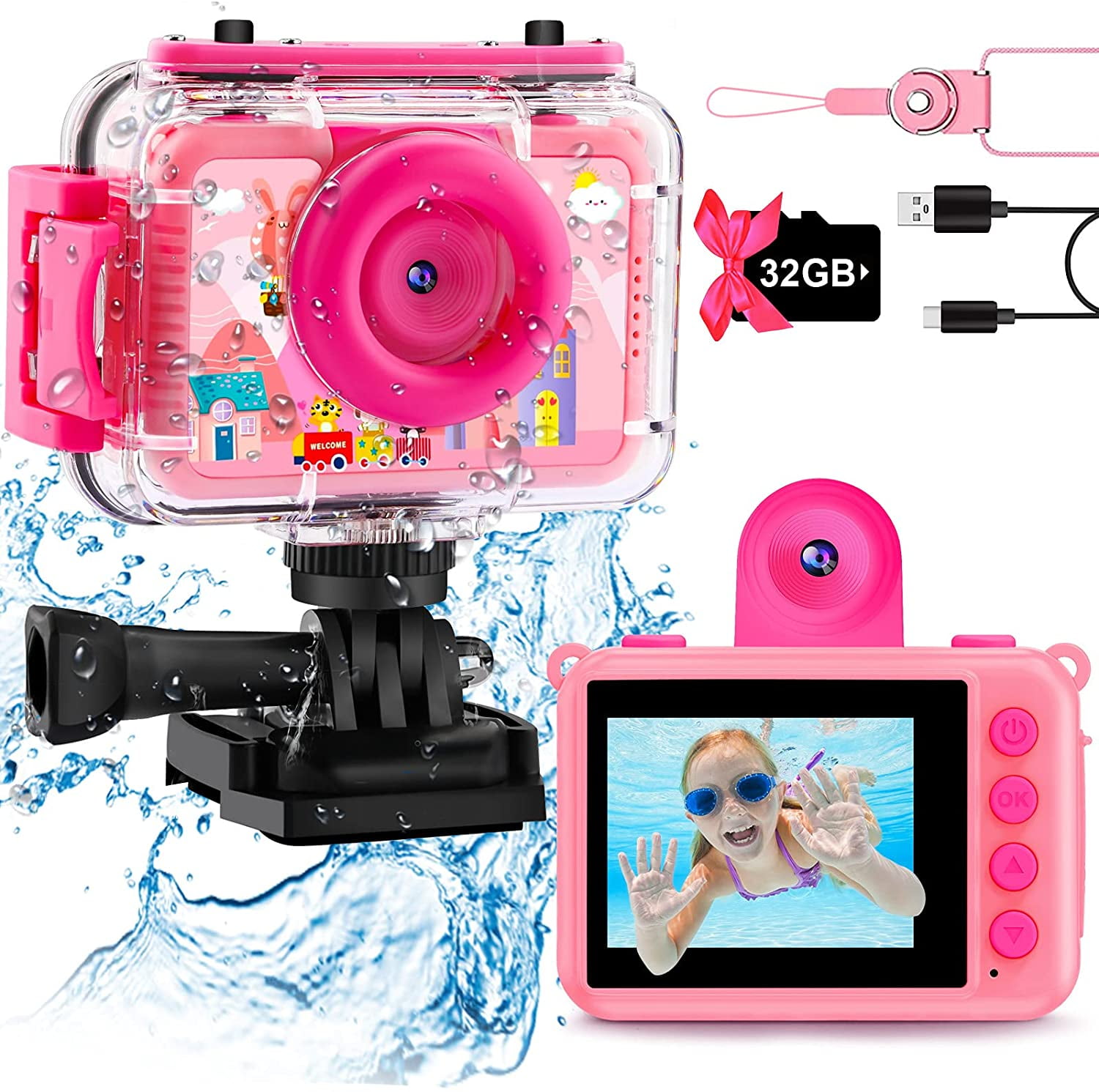 GKTZ Waterproof Kids Camera 180° Rotatable Digital Toys Camera 20MP