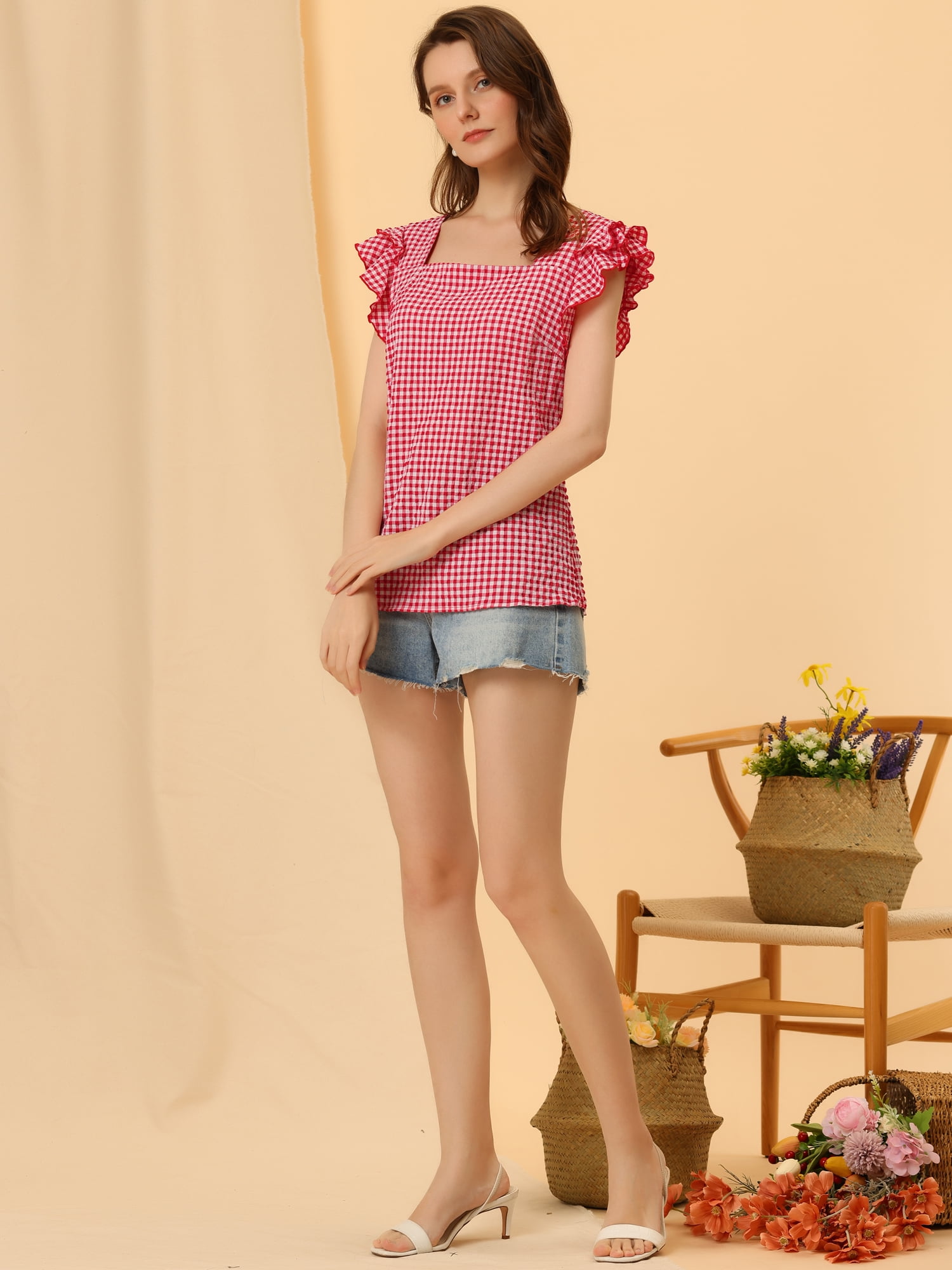 DARING DIVA Square Neck Ruffle Sleeve Blouse L Red