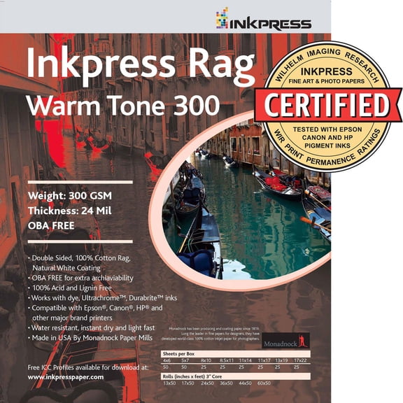 Inkpress Rag Warm Tone 300 Double Sided, Cream White Matte Inkjet Paper, 24 mil, 300 gsm, 5x7", 50 Sheets