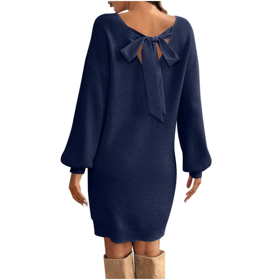 Bpmpbo Knit V-Neck Back Bow Dress for Women Long Sleeve Loose Fit Pullover Sweater Dress Casual Oversized Tunic Midi with Tie Detail