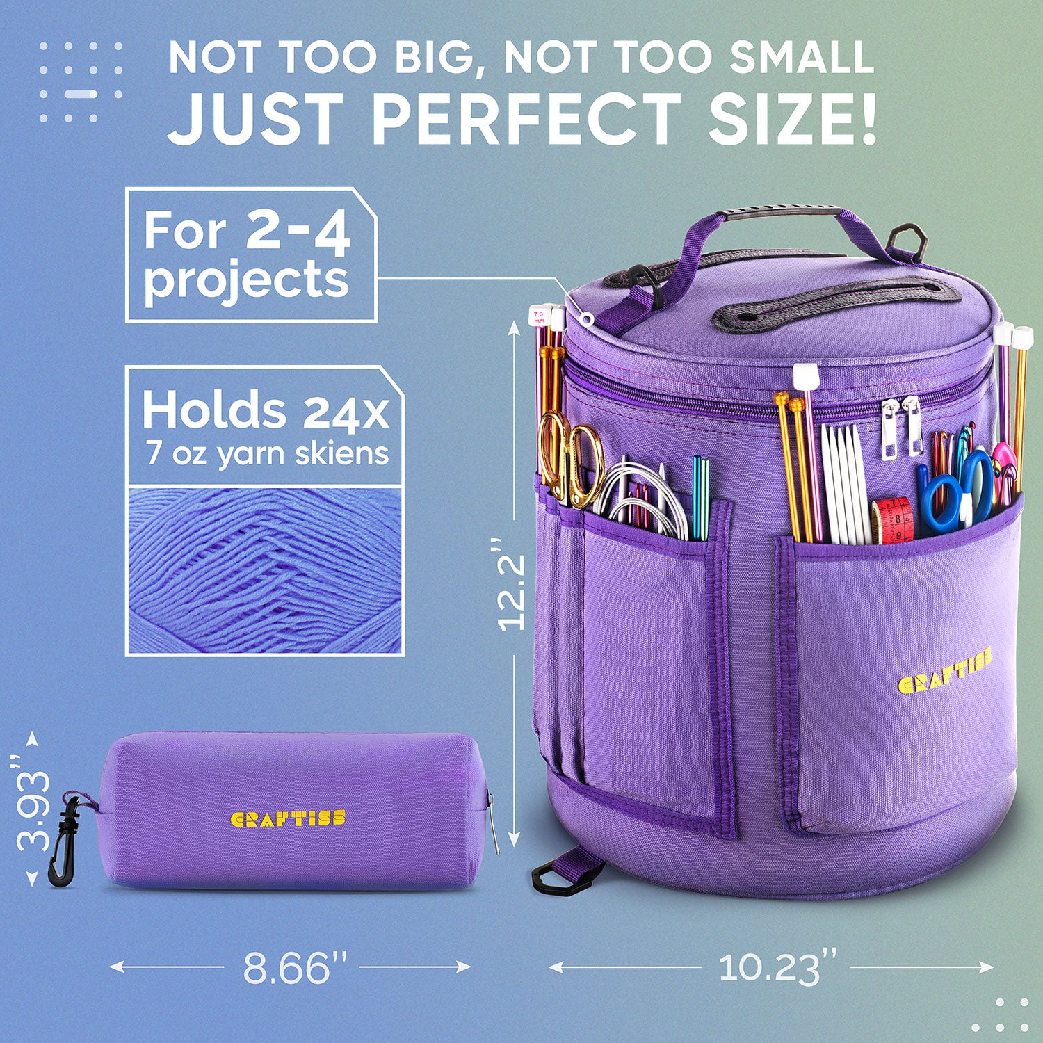 Craftiss Yarn Storage Bag - Purple Tote Yarn Bag, Durable Knitting and Crochet Organizer with Needle Case