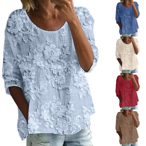 VJGBEGW Women Linen Shirts Flower Printed 3/4 Sleeve Crew Neck Boho Gauze Tops Lightweight Ladies Blouses Loose Fit Tunics Blue L